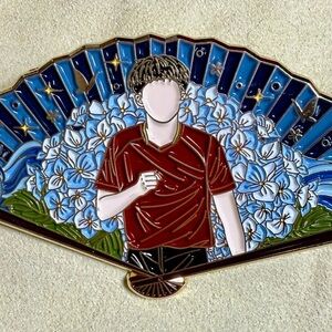 Wang Chu Qin Enamel Pin – Floral Fan Design – Table Tennis Art Pin - Dark Color